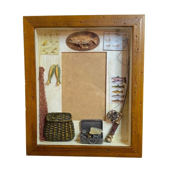 Fishing Shadow Box Frame HEAVY Cabin Textured Rustic Decor mancave Fathers Day - Picture 1 of 11